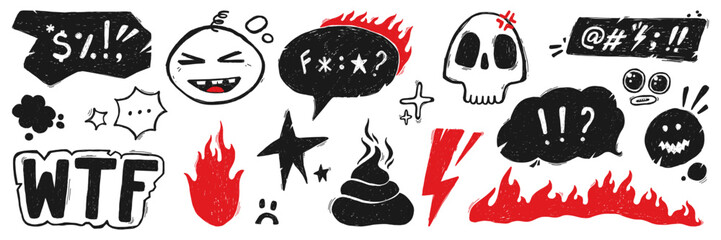 Set of hand drawn dialogue box with swear word, evil emoji, star and fire. Speech bubbles icon for stickers. Pencil drawn doodle style vector illustration. - obrazy, fototapety, plakaty