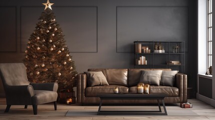 photograph of a modern living room with industrial style furniture in minimalist design decorated with a christmas tree and lights