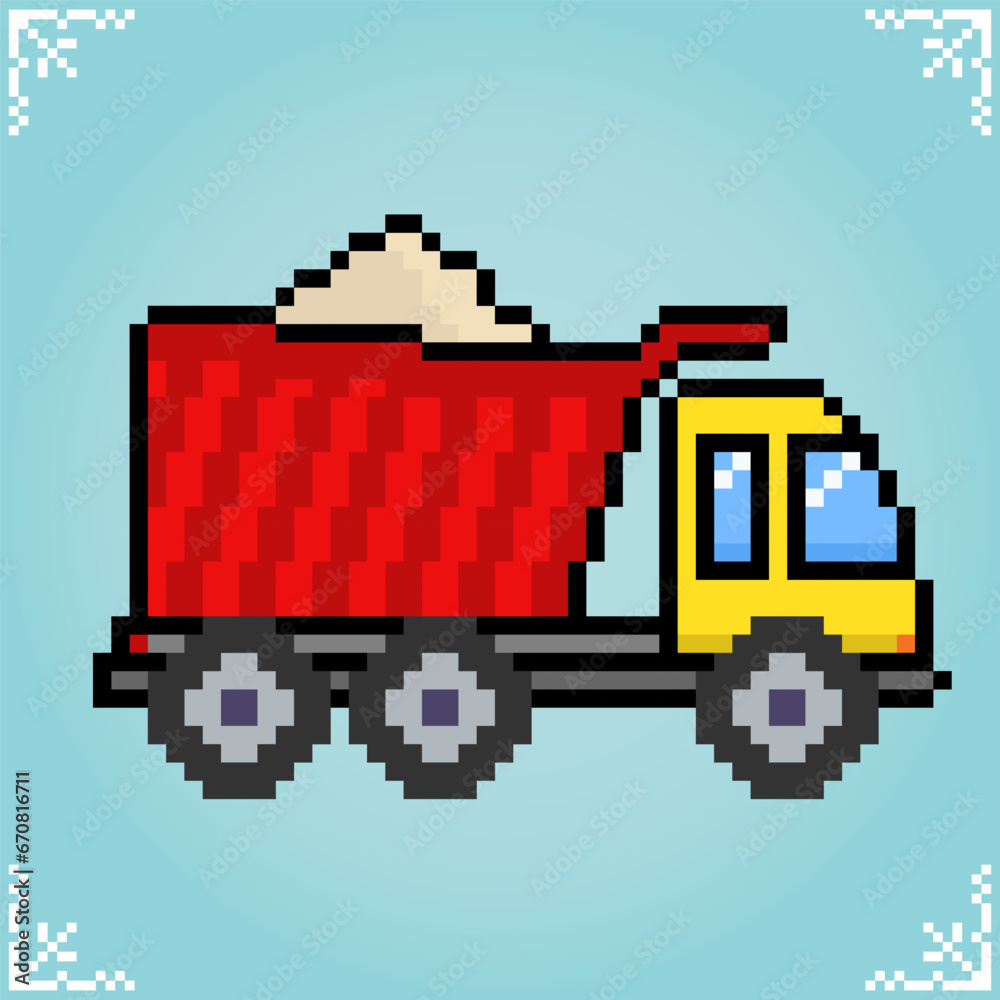 Wall mural dump truck in 8 bit pixel art. car pixels in vector illustration for game asset or cross stitch patt