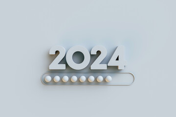New Year 2024 numbers with loading new year 2023 to 2024 on white background.Loading bar almost complete with idea being processed,start straight concept.3d rendering