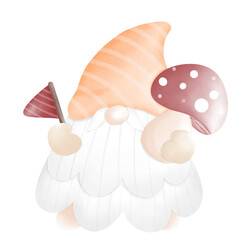 gnome wear orange hat hold mushroom and flag