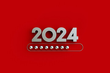 New Year 2024 numbers with loading new year 2023 to 2024 on red background.Loading bar almost complete with idea being processed,start straight concept.3d rendering