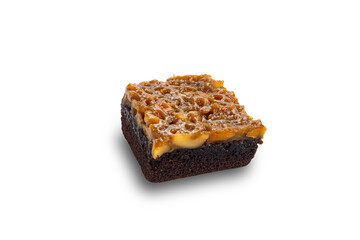 High angle view of delicious homemade chocolate toffee cake topping with cashew nut and caramel.