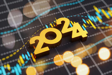 2024 New year card background economy finance business investment concept. 3D rendering chart data analytic revenue profit and digital information technology interface screen. - obrazy, fototapety, plakaty