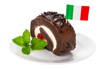 Slice of delicious homemade chocolate roll cake with Italian flag cocktail pick.