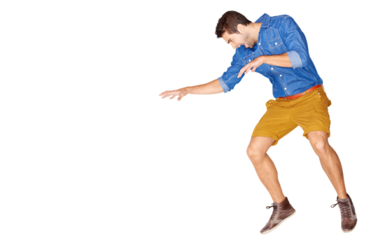 Jump, fashion and man with streetwear, excited and guy isolated against a transparent background. Male person, model and motion with trendy clothes, stylish and expression with png, move and energy