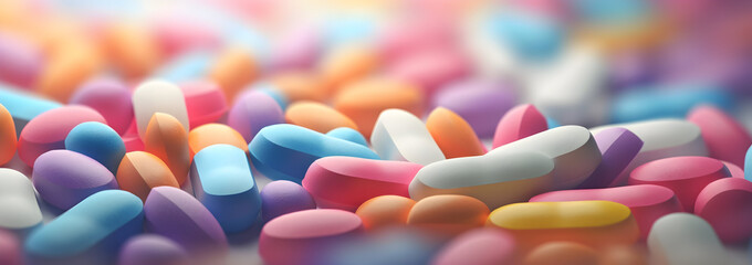 close up of colorful pharmaceutical pills and tablets , lot of a Drugs of a patient  - obrazy, fototapety, plakaty