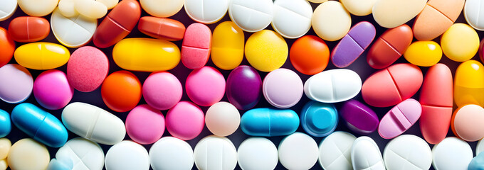 Abstract background of assorted colorful pharmaceutical pills in drugstore  - obrazy, fototapety, plakaty