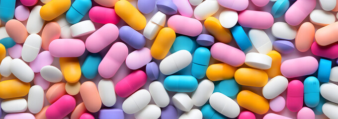 Abstract background of assorted colorful pharmaceutical pills in drugstore 