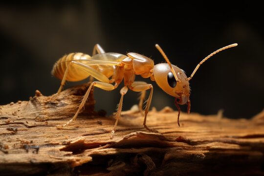 The termite on the ground is searching for food to feed the larvae in the cavity. Selective focus of the small termite on decaying timber. Close-up photo.