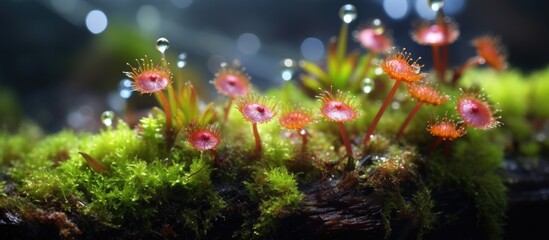 Close up of sundew flowers on moss
