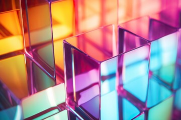 Abstract background with closeup shot of glossy crystal block with multicolored gradient reflection on blurred mirror surface generative ai
