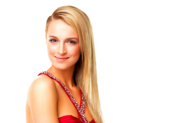 Fashion, face and confident woman in red dress isolated on a transparent png background. Portrait, style and female model with elegant, glamour and fancy clothes for party or event in Switzerland.