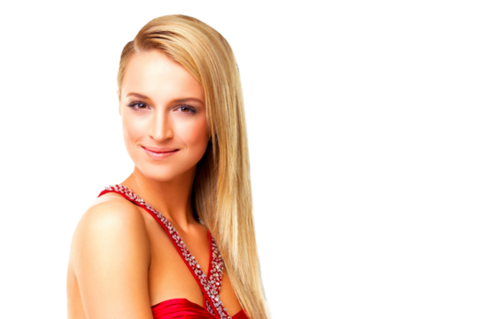 Fashion, face and confident woman in red dress isolated on a transparent png background. Portrait, style and female model with elegant, glamour and fancy clothes for party or event in Switzerland. - Powered by Adobe