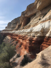 The contrasting layers of earth exposed in a natural cliff side.Generative AI