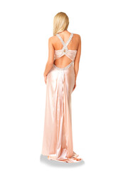 Back, elegant and fashion with a woman in a dress or evening gown for prom event or fancy party....