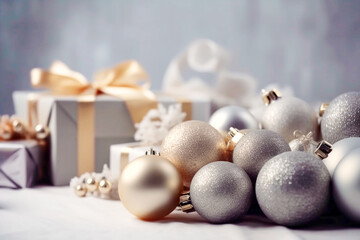 silver shiny Christmas balls with gifts as Christmas background