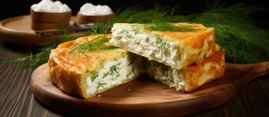 A rustic style cake called Vertuta hailing from Romania Moldova or the Balkan region features cottage cheese and dill as its key ingredients The photograph highlights this traditional cake  - obrazy, fototapety, plakaty