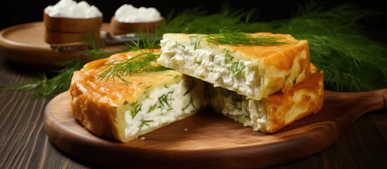 Foto op Aluminium A rustic style cake called Vertuta hailing from Romania Moldova or the Balkan region features cottage cheese and dill as its key ingredients The photograph highlights this traditional cake  © 2rogan
