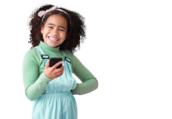 Isolated girl child, phone and portrait with smile, online chat or social media app by transparent...