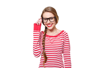 Beauty, glasses and smile with portrait of woman on png for nerd, education and youth. Happy, fashion and style with face of student isolated on transparent background for confidence and hipster
