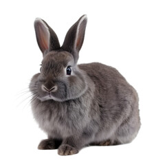 Obraz premium front view of cute gray netherland dwarf rabbit with sitting position, isolated on transparent background, looking at the camera. 