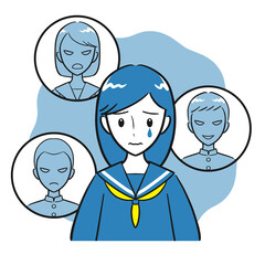友達や同級生に仲間はずれにされて悩む女子学生（シンプル・背景あり）