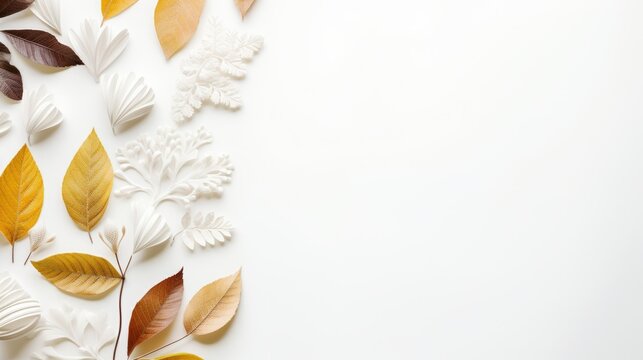 a diagonal arrangement of leaves and flowers. This image has a minimalist and elegant style. The leaves are in shades of yellow, brown and white, creating a natural and autumnal feel.