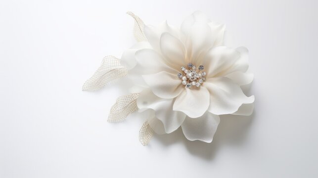 A white flower hair clip on a white background. The flower is made of fabric and has a pearl and rhinestone center. The petals are layered and have a slight sheen to them. The clip is attached to a