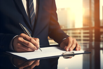 Policies, terms, agreements, processes, rules, and guidance for the company are documented, A businessman holds a pen and a briefcase with company policy and business documents,
