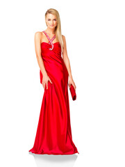 Portrait, woman and red evening dress for party, fancy style or formal celebration isolated on transparent png background. Fashion, female model and luxury silk clothes with bag for classy prom event