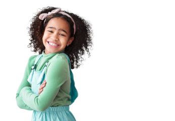 Happy portrait, child and girl with arms crossed for kindergarten fashion and excited for education. Face of african kid in trendy clothes for back to school isolated on transparent, png background