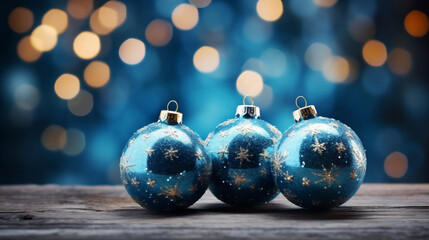 Obraz premium Blue christmas balls on wooden table with bokeh lights background
