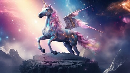 Fototapeta na wymiar Realistic magical, mythical winged pegasus unicorn horse fantasy background. AI generated image
