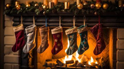 Christmas stockings hanging in front of a fireplace with christmas tree