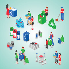garbage recycling isometric concept facility set 3d - obrazy, fototapety, plakaty