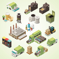 isolated isometric garbage recycling icon set with separate recycle bag waste baskets different factory illustration 3d - obrazy, fototapety, plakaty