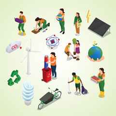 Fototapeta na wymiar ecological awareness isometric icons set with alternative sources energy people looking after environment isolated vector illustration