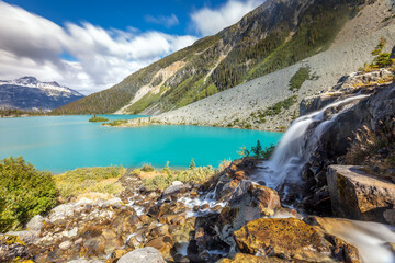 waterfall into a turquoise lake 