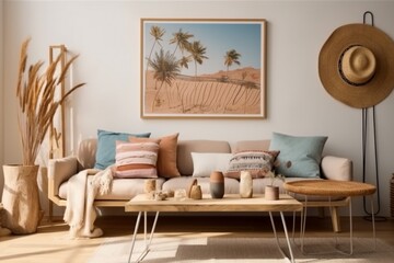 Sunny and bright space of living room with stylish sofa, pillows, coffee table, mock up poster frames, decorations, furnitures and personal accessories. Cozy home decor. Template. generative ai.
