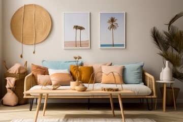 Fototapeta na wymiar Sunny and bright space of living room with stylish sofa, pillows, coffee table, mock up poster frames, decorations, furnitures and personal accessories. Cozy home decor. Template. generative ai.