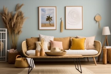 Sunny and bright space of living room with stylish sofa, pillows, coffee table, mock up poster frames, decorations, furnitures and personal accessories. Cozy home decor. Template. generative ai.