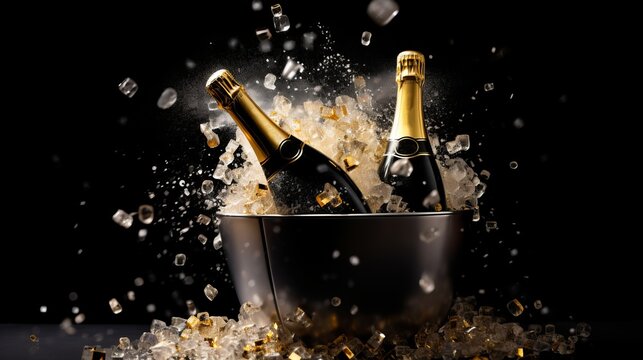 A dynamic photo of two champagne bottles in an ice bucket with flying ice cubes and a black background.