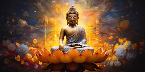 Gartenposter the glowing 3d buddha and flower with gold style on abstract background © Kien