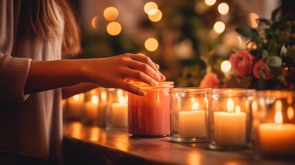 Close-up image of girl's hand keeping a burning candle. Holy night