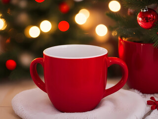 Fototapeta premium The empty red mug mock-up with beautiful blured bokeh Christmas atmosphere background for happy holiday xmas and new year festive