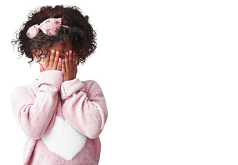 Shy, girl and hands on face with kid in png or isolated and transparent background with guilt....