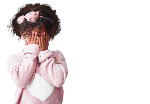 Shy, girl and hands on face with kid in png or isolated and transparent background with guilt. Child, mistake and youth with hide and seek with fear or sad with emotion for games with surprise.