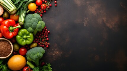 Obraz na płótnie Canvas Vegetables flat lay view copy space background. AI generated image