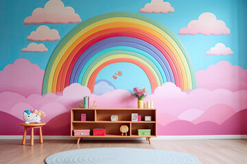 a rainbowthemed kid's bedroom, with colored cartoon style